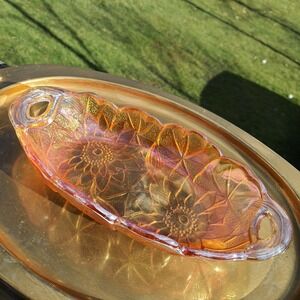 Vintage Iridescent Marigold Orange Sunflower Floral Carnival Glass Dish Tray
